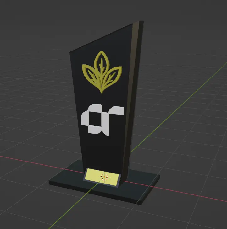Award plaque render, black stone with a gold leaf emblem and brass name plate, lit