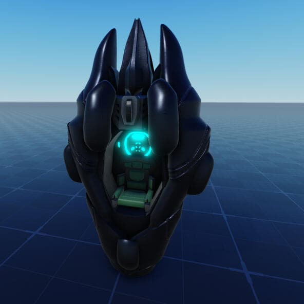 Dark mech cockpit with glowing cyan core render