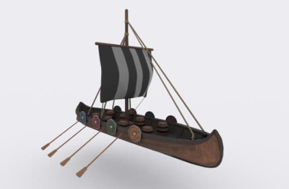 Wooden longship with a striped sail, oars and round shields along the hull
