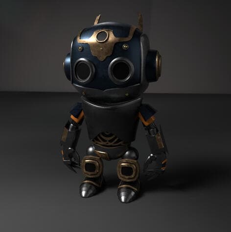 Small robot with a dark blue body, brass trim and round glass eyes, rendered on a grey floor