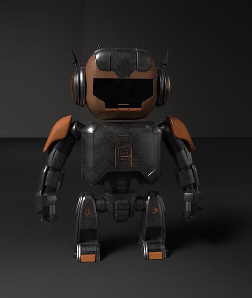 Black robot with a copper head and shoulder plates, rendered on a grey floor